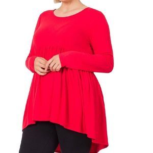 Plus Size Top Womens Long Sleeve Soft High Low Baby Doll Red 1X 2X 3X